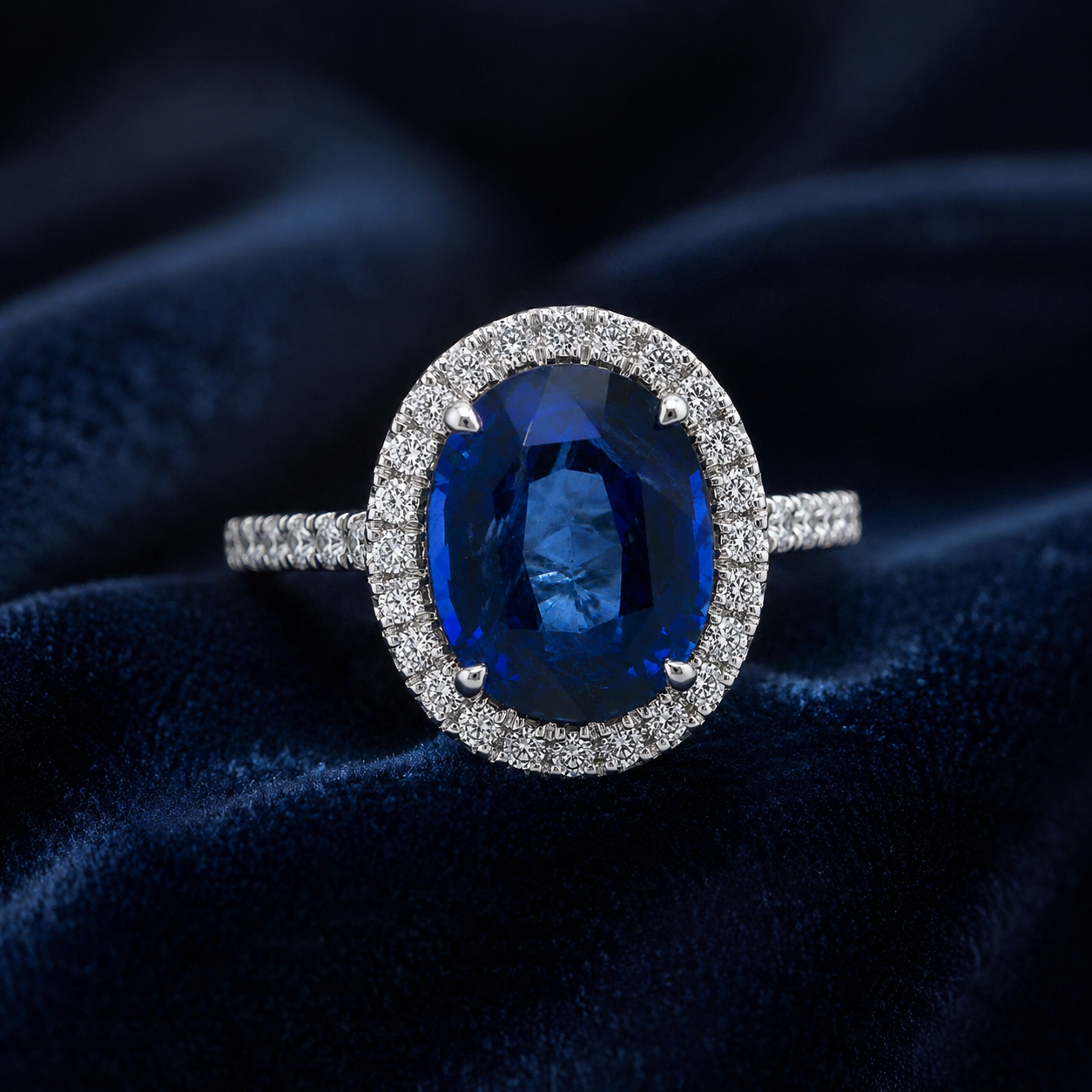 Natural Heated Ceylon Sapphire and Diamond Bridal Halo Ring 14KT White Gold