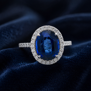 Natural Heated Ceylon Sapphire and Diamond Bridal Halo Ring 14KT White Gold