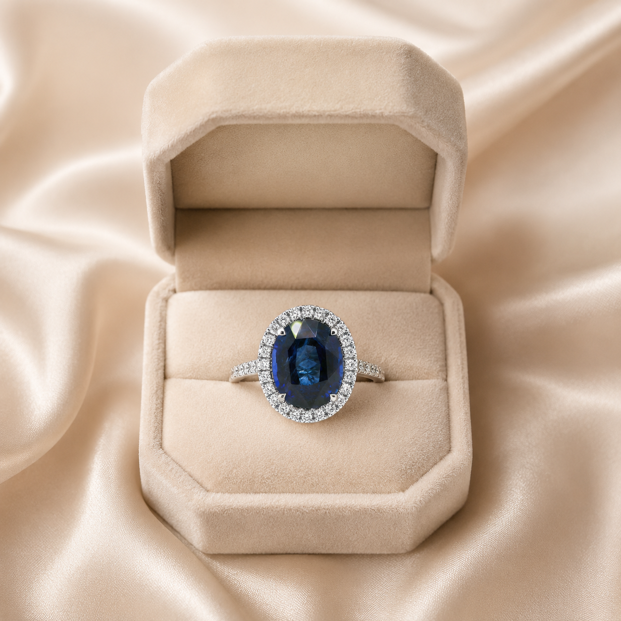Natural Heated Ceylon Sapphire and Diamond Bridal Halo Ring 14KT White Gold