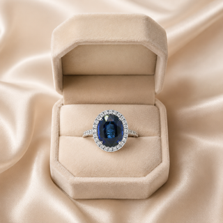 Natural Heated Ceylon Sapphire and Diamond Bridal Halo Ring 14KT White Gold