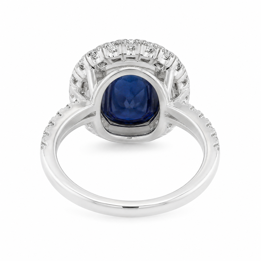 Natural Heated Ceylon Sapphire and Diamond Bridal Halo Ring 14KT White Gold