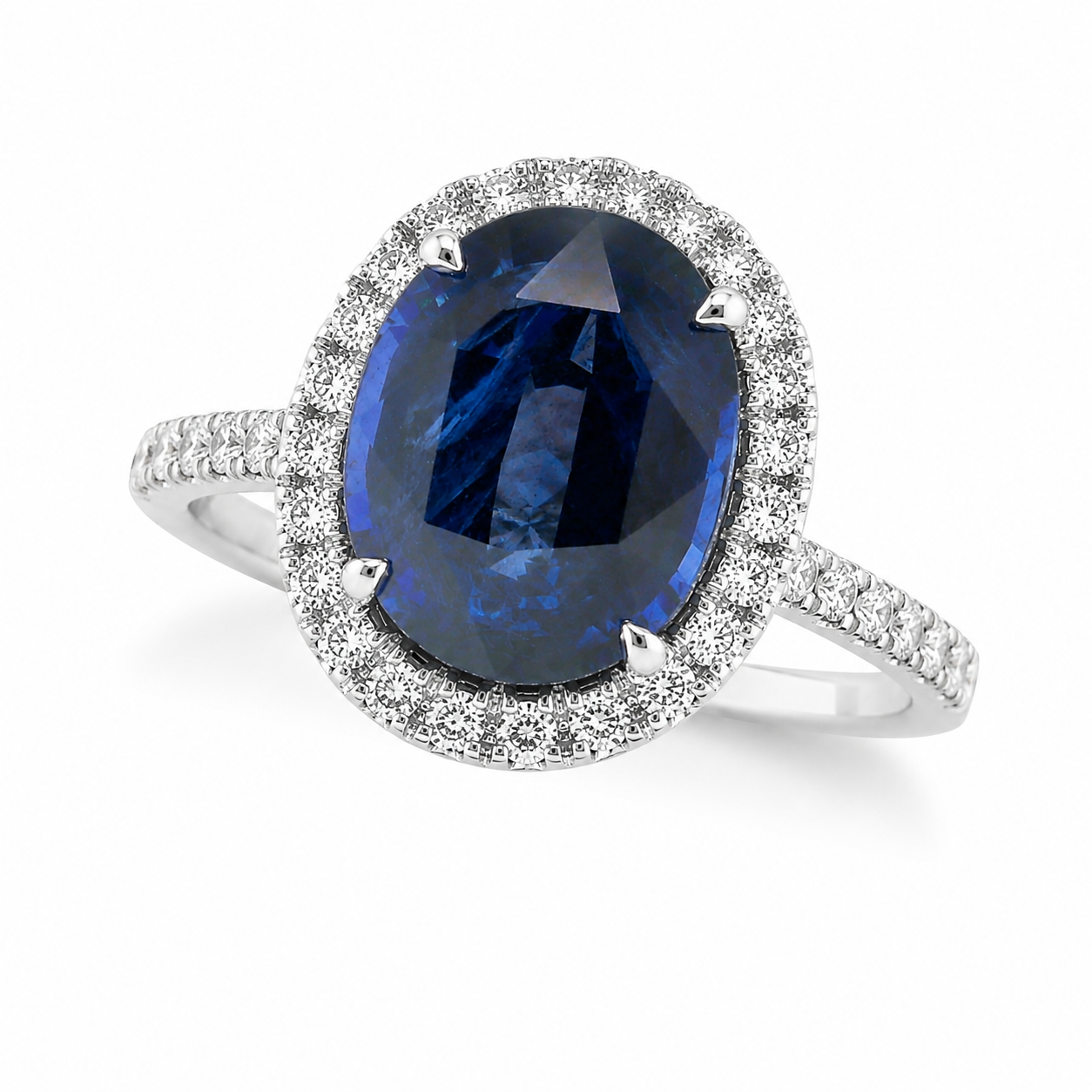 Natural Heated Ceylon Sapphire and Diamond Bridal Halo Ring 14KT White Gold
