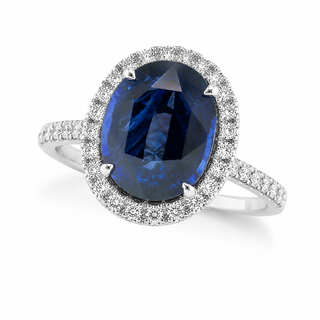 Natural Heated Ceylon Sapphire and Diamond Bridal Halo Ring 14KT White Gold