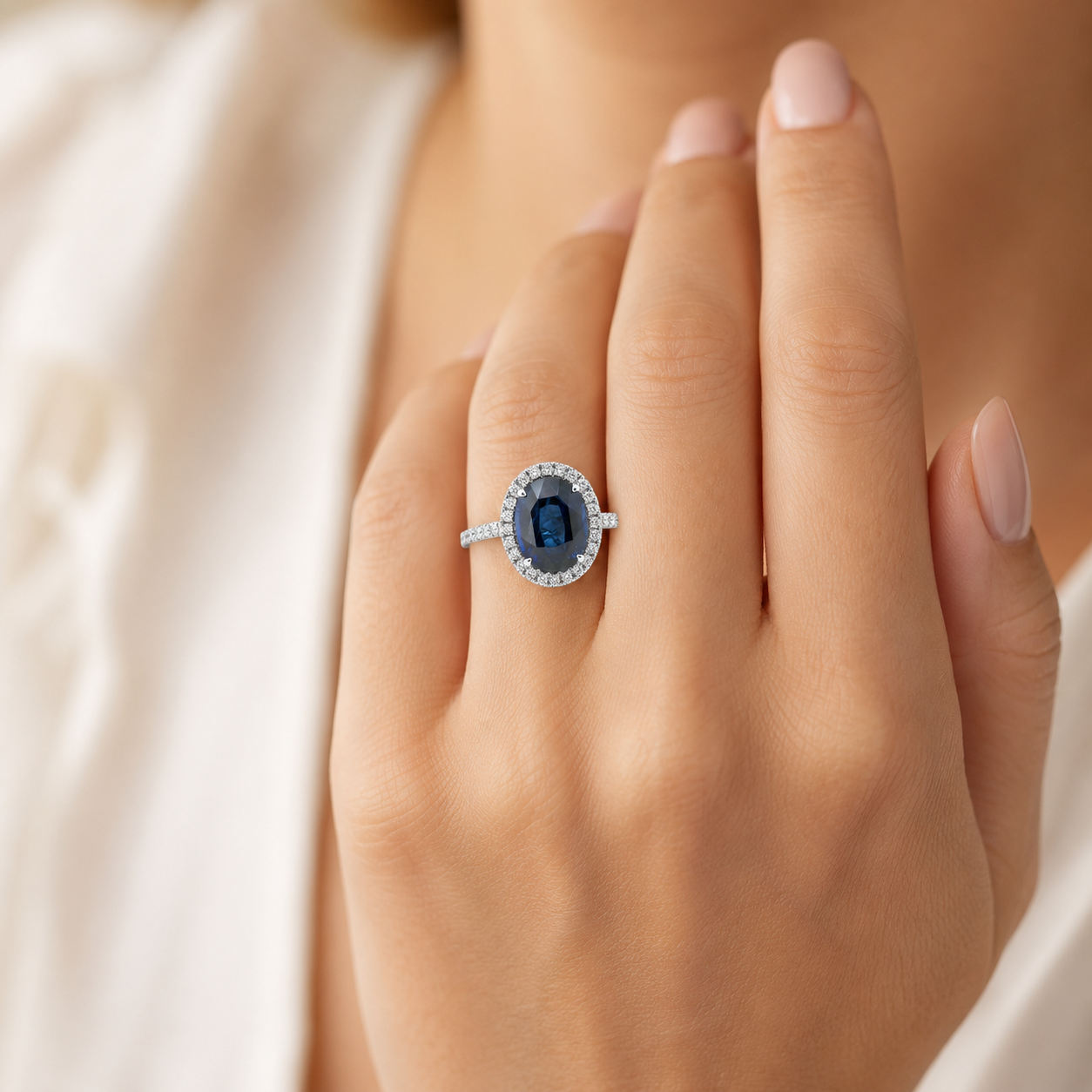 Natural Heated Ceylon Sapphire and Diamond Bridal Halo Ring 14KT White Gold