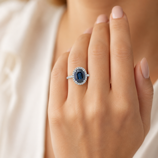 Natural Heated Ceylon Sapphire and Diamond Bridal Halo Ring 14KT White Gold