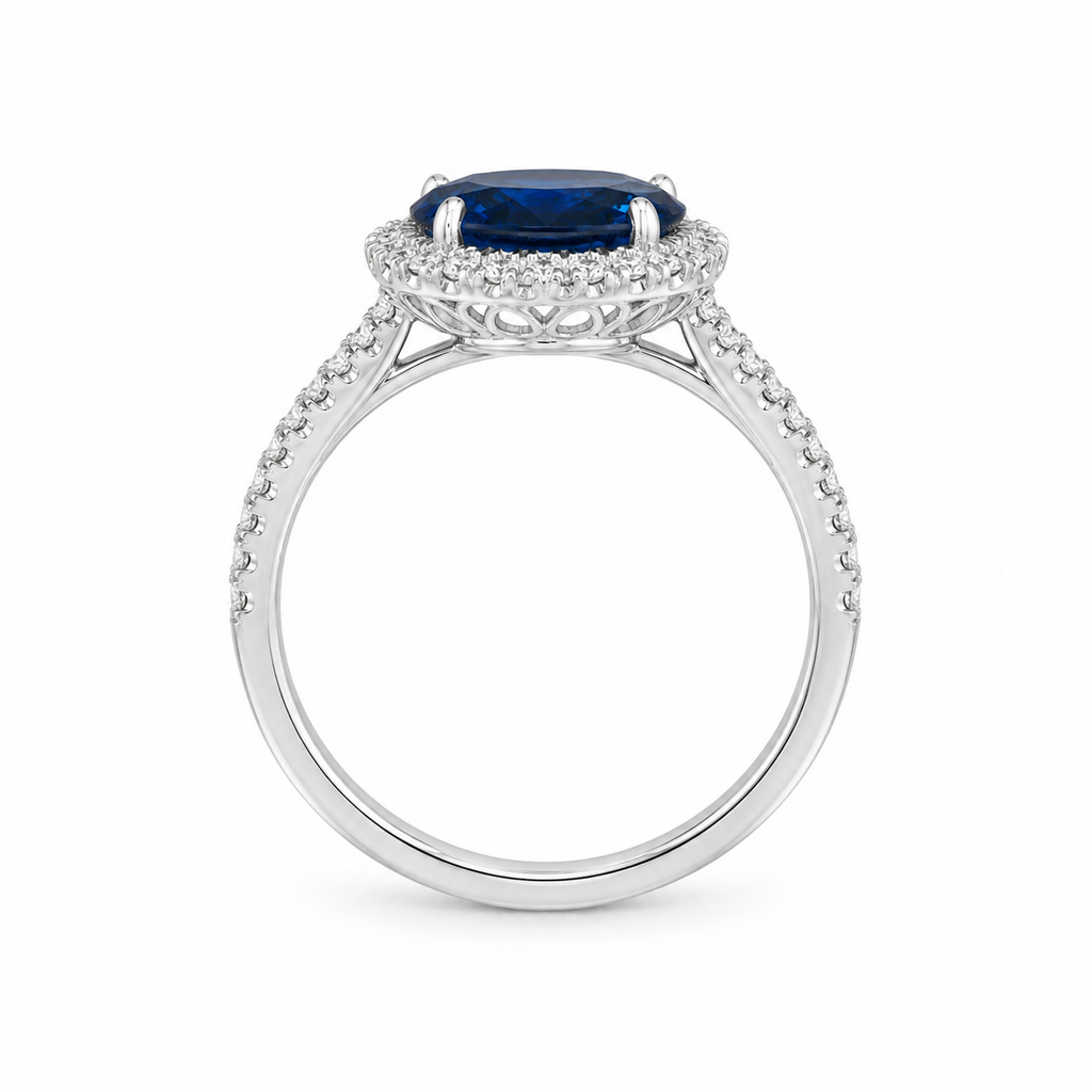 Natural Heated Ceylon Sapphire and Diamond Bridal Halo Ring 14KT White Gold
