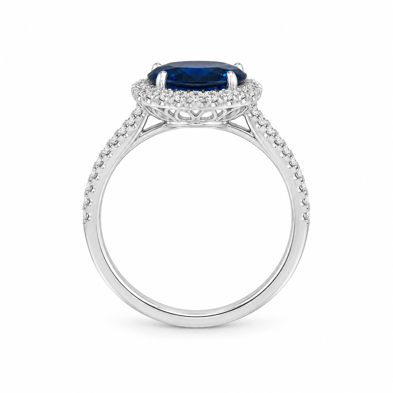 Natural Heated Ceylon Sapphire and Diamond Bridal Halo Ring 14KT White Gold