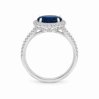 Natural Heated Ceylon Sapphire and Diamond Bridal Halo Ring 14KT White Gold