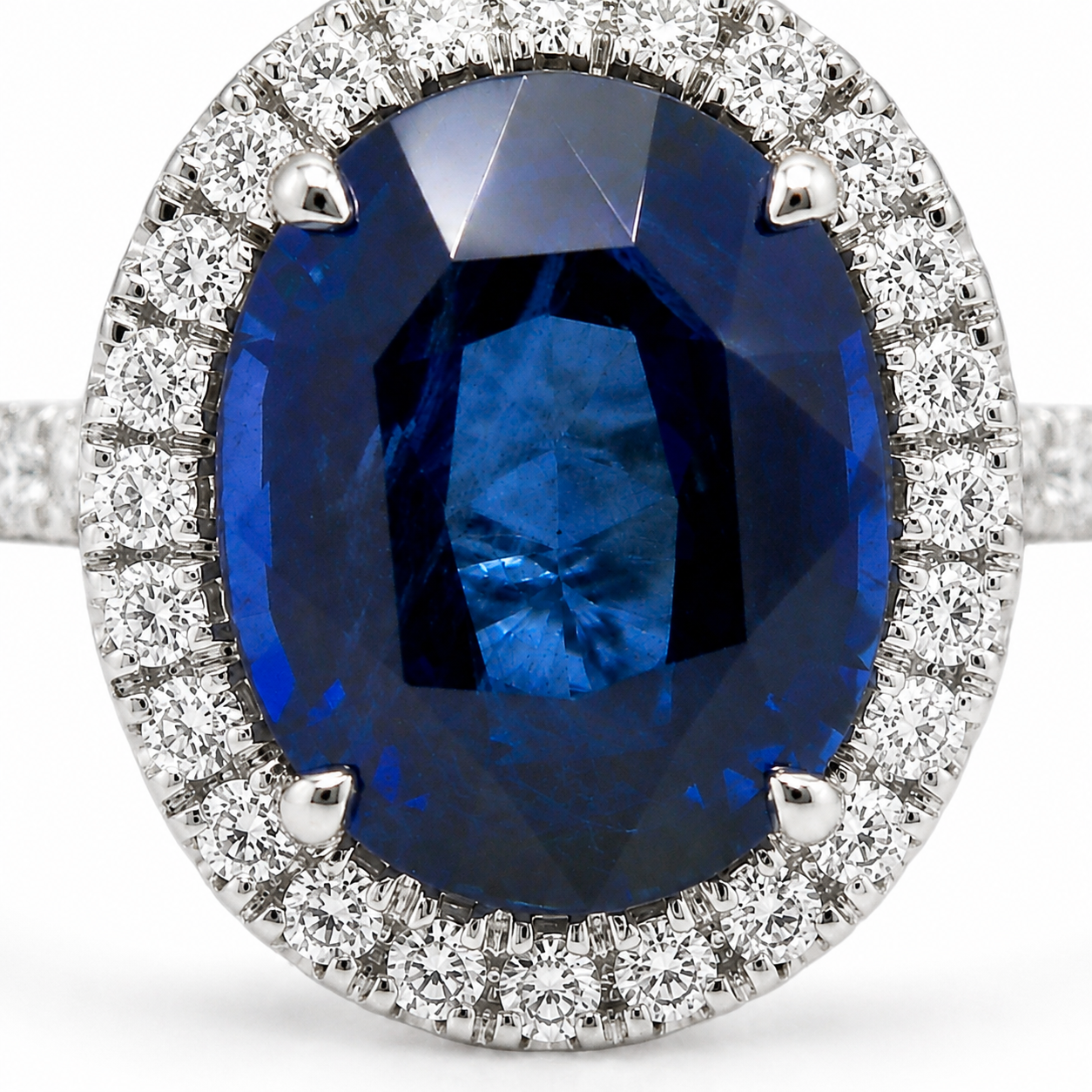 Natural Heated Ceylon Sapphire and Diamond Bridal Halo Ring 14KT White Gold