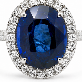 Natural Heated Ceylon Sapphire and Diamond Bridal Halo Ring 14KT White Gold