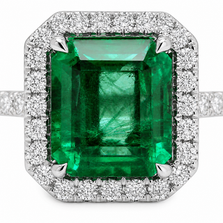 Natural Green Emerald and Diamond Bridal Halo Ring 14KT White Gold