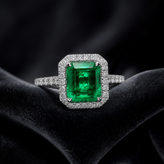 Natural Green Emerald and Diamond Bridal Halo Ring 14KT White Gold