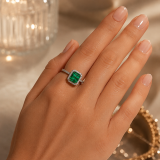 Natural Green Emerald and Diamond Bridal Halo Ring 14KT White Gold