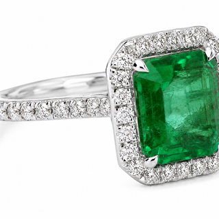 Natural Green Emerald and Diamond Bridal Halo Ring 14KT White Gold