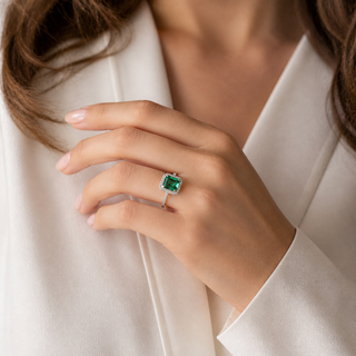 Natural Green Emerald and Diamond Bridal Halo Ring 14KT White Gold