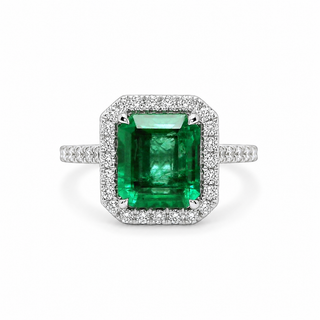 Natural Green Emerald and Diamond Bridal Halo Ring 14KT White Gold