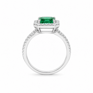 Natural Green Emerald and Diamond Bridal Halo Ring 14KT White Gold