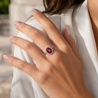 Natural Thai Ruby and Diamond Bridal Halo Ring 14KT White Gold