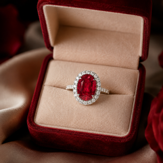 Natural Thai Ruby and Diamond Bridal Halo Ring 14KT White Gold