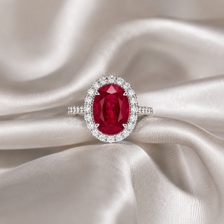 Natural Thai Ruby and Diamond Bridal Halo Ring 14KT White Gold