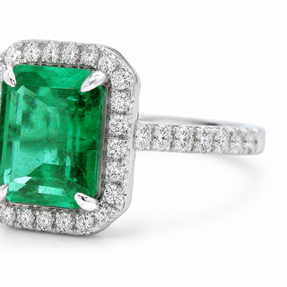Natural No Oil Green Emerald and Diamond Bridal Halo Ring 14KT White Gold