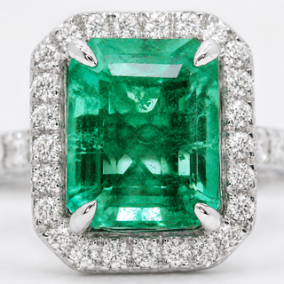 Natural No Oil Green Emerald and Diamond Bridal Halo Ring 14KT White Gold