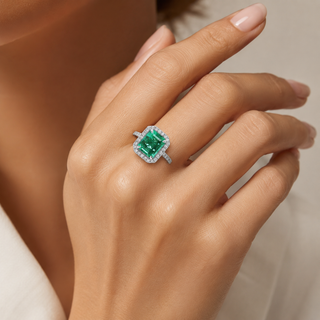 Natural No Oil Green Emerald and Diamond Bridal Halo Ring 14KT White Gold