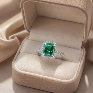 Natural No Oil Green Emerald and Diamond Bridal Halo Ring 14KT White Gold