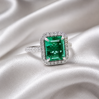 Natural No Oil Green Emerald and Diamond Bridal Halo Ring 14KT White Gold