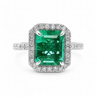 Natural No Oil Green Emerald and Diamond Bridal Halo Ring 14KT White Gold
