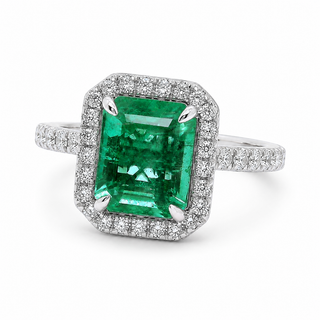 Natural No Oil Green Emerald and Diamond Bridal Halo Ring 14KT White Gold