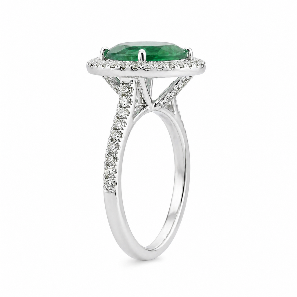 Natural Green Emerald & Diamonds Halo Ring 14KT White Gold