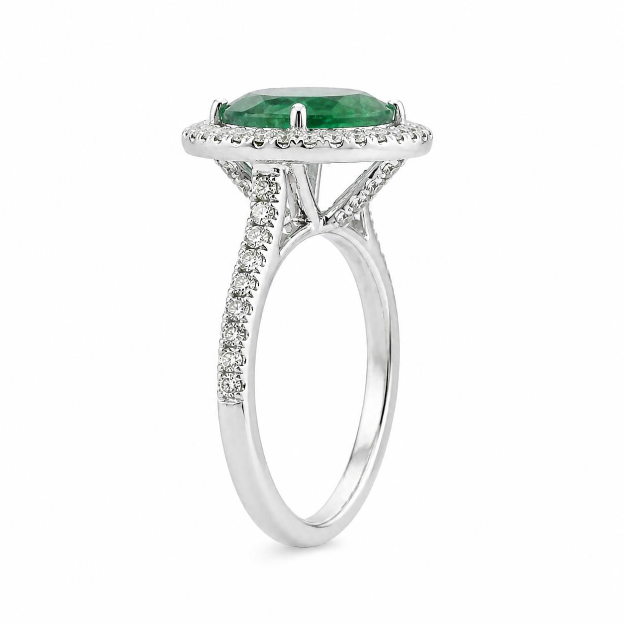 Natural Green Emerald & Diamonds Halo Ring 14KT White Gold