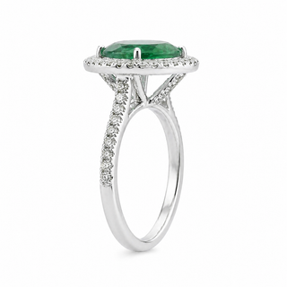 Natural Green Emerald & Diamonds Halo Ring 14KT White Gold