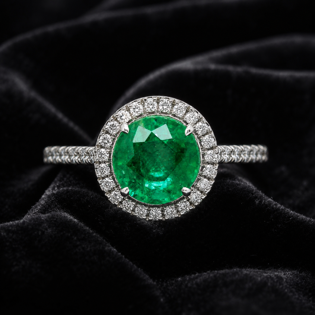 Natural Green Emerald & Diamonds Halo Ring 14KT White Gold