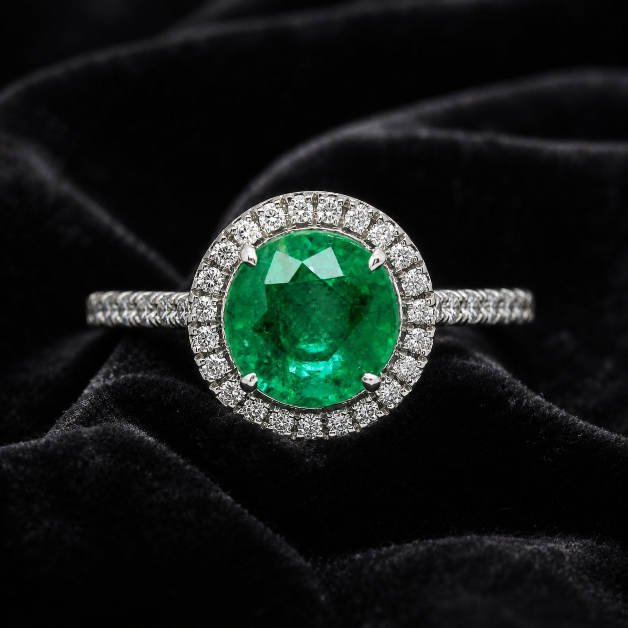 Natural Green Emerald & Diamonds Halo Ring 14KT White Gold