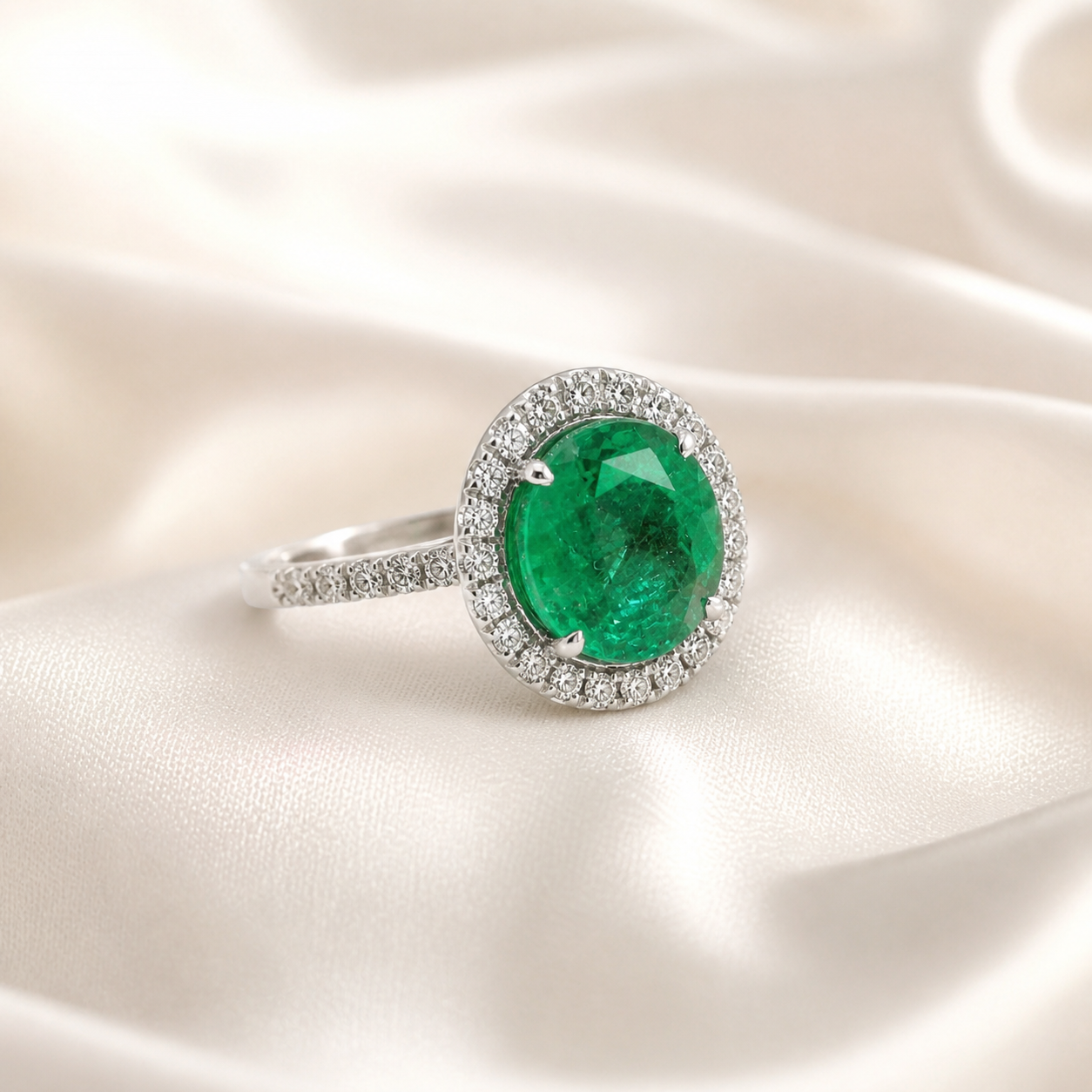 Natural Green Emerald & Diamonds Halo Ring 14KT White Gold