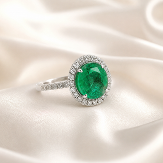 Natural Green Emerald & Diamonds Halo Ring 14KT White Gold