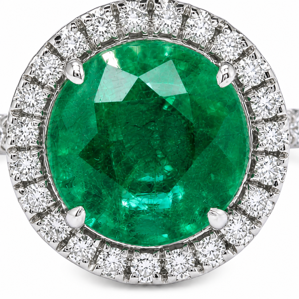 Natural Green Emerald & Diamonds Halo Ring 14KT White Gold