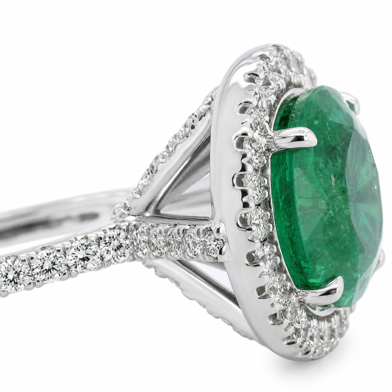 Natural Green Emerald & Diamonds Halo Ring 14KT White Gold