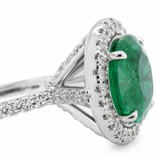 Natural Green Emerald & Diamonds Halo Ring 14KT White Gold