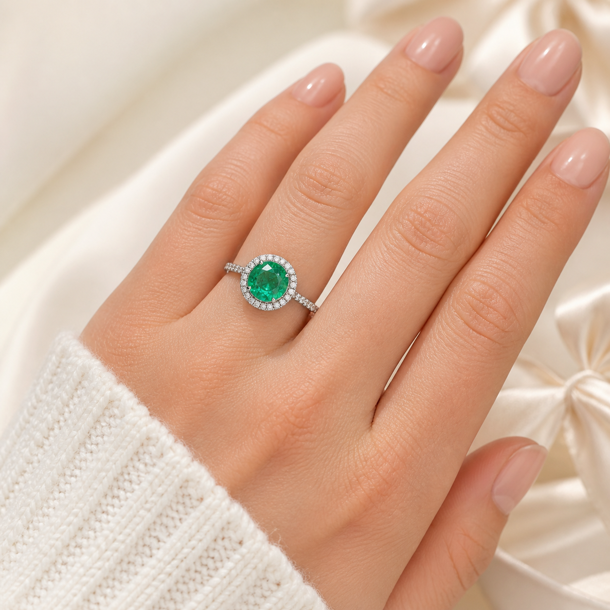 Natural Green Emerald & Diamonds Halo Ring 14KT White Gold