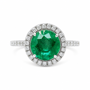 Natural Green Emerald & Diamonds Halo Ring 14KT White Gold