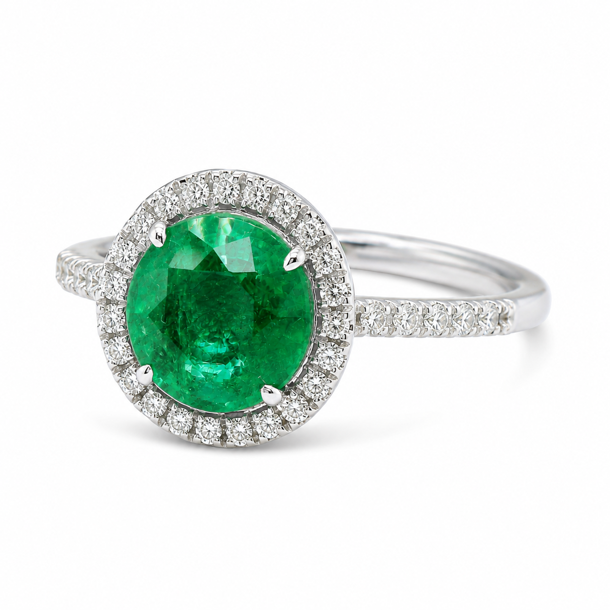 Natural Green Emerald & Diamonds Halo Ring 14KT White Gold