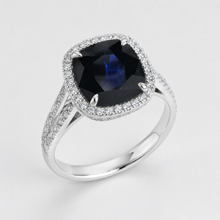 Natural Heated Ceylon Sapphire and Diamond Bridal Halo Ring 14KT White Gold