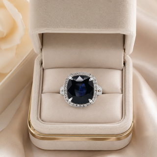 Natural Heated Ceylon Sapphire and Diamond Bridal Halo Ring 14KT White Gold