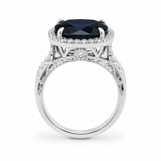 Natural Heated Ceylon Sapphire and Diamond Bridal Halo Ring 14KT White Gold
