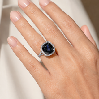 Natural Heated Ceylon Sapphire and Diamond Bridal Halo Ring 14KT White Gold