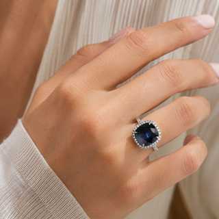 Natural Heated Ceylon Sapphire and Diamond Bridal Halo Ring 14KT White Gold