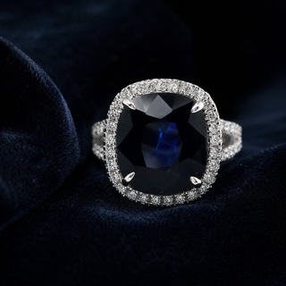 Natural Heated Ceylon Sapphire and Diamond Bridal Halo Ring 14KT White Gold